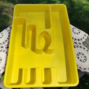 bright yellow plastic rubbermaid silverware drawer organizer circa 1970s